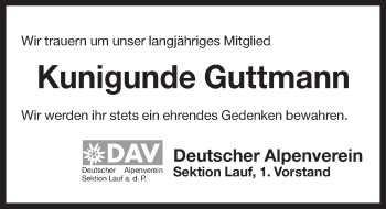 Traueranzeige von Kunigunde Guttmann von Pegnitz-Zeitung